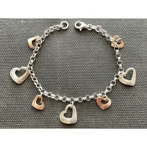 Italy sterling silver heart rolo link bracelet Two Tone Heart Charms vintage